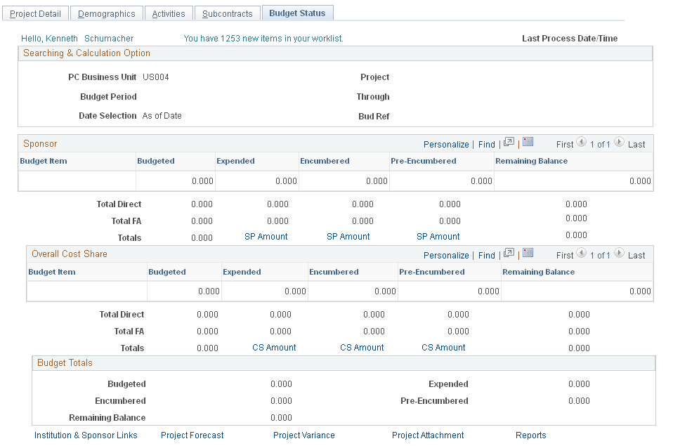 Project Detail - Budget Status page