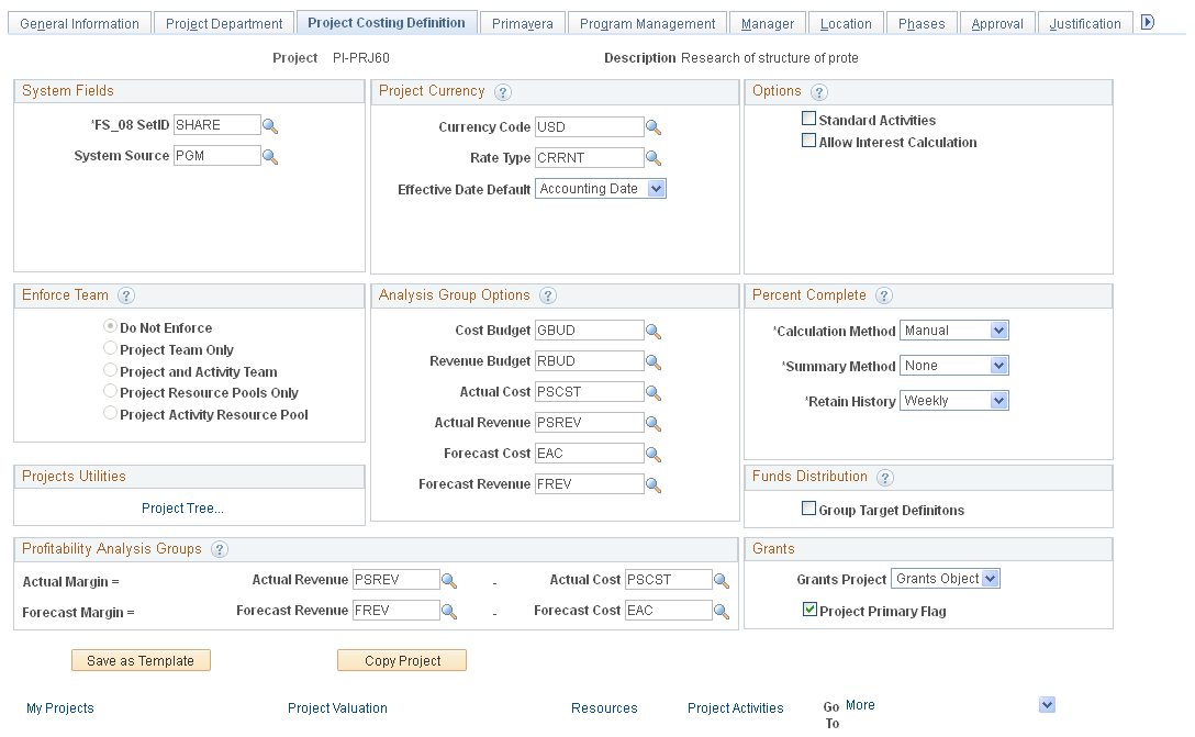 Project - Project Costing Definition page