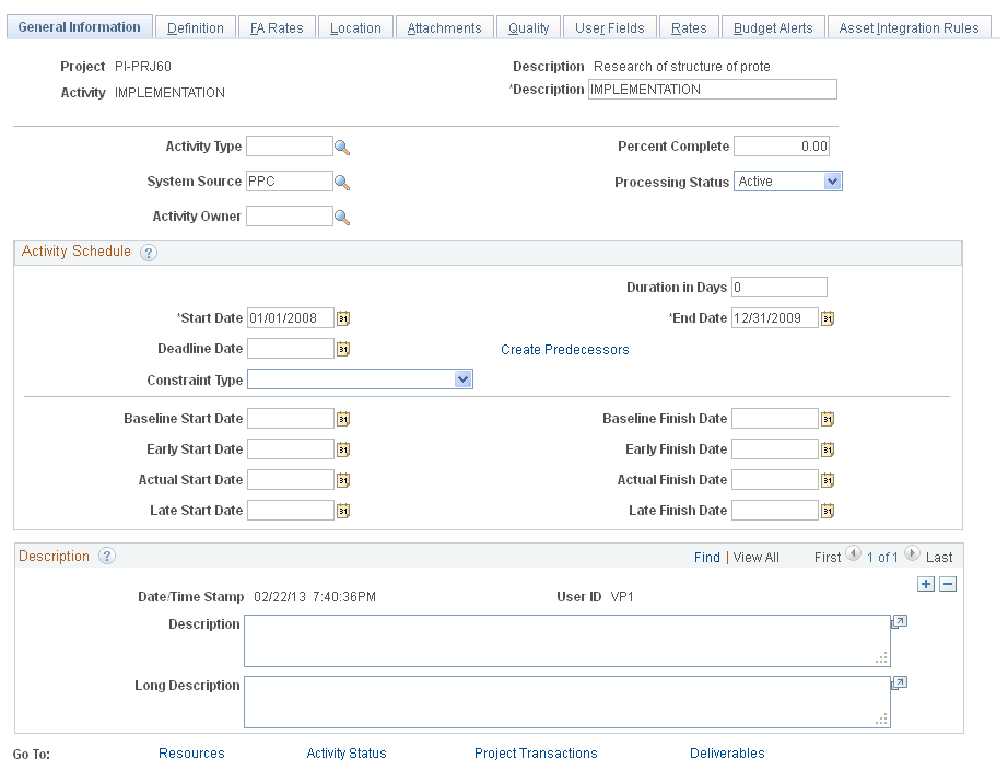 Project Activity - General Information page