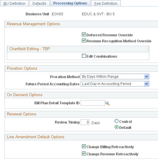 Contracts - Processing Options page