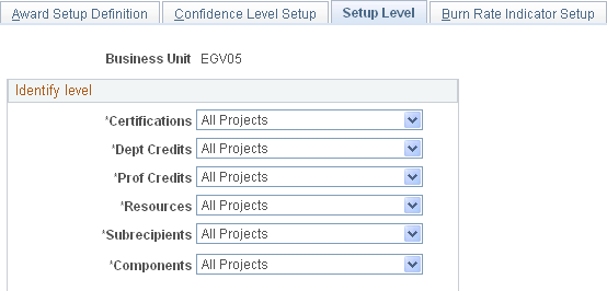 Setup Level page