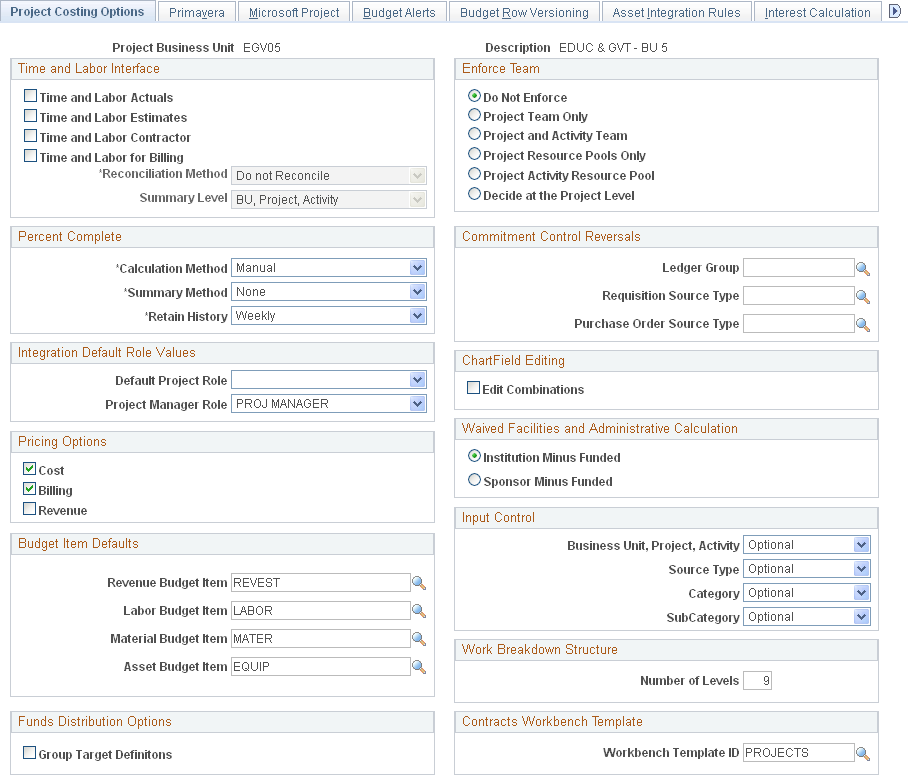 Project Costing Options page