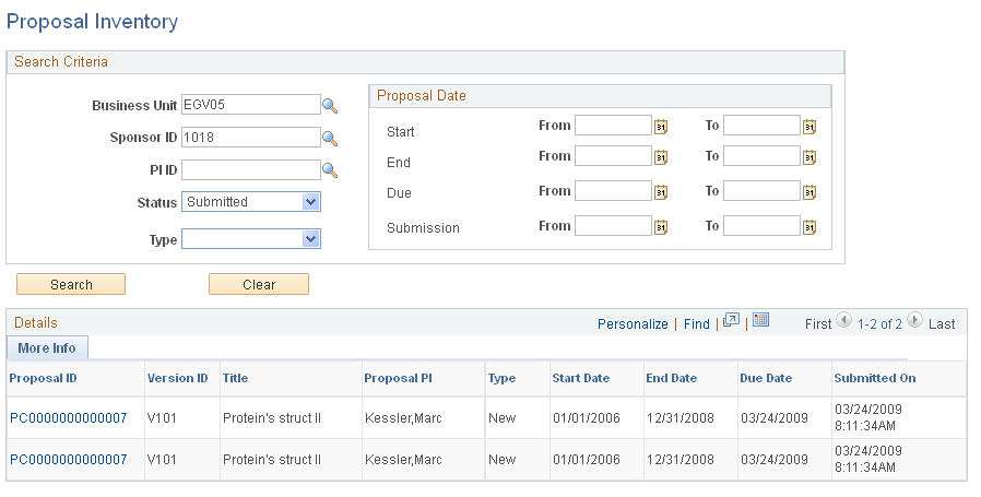 Proposal Inventory page