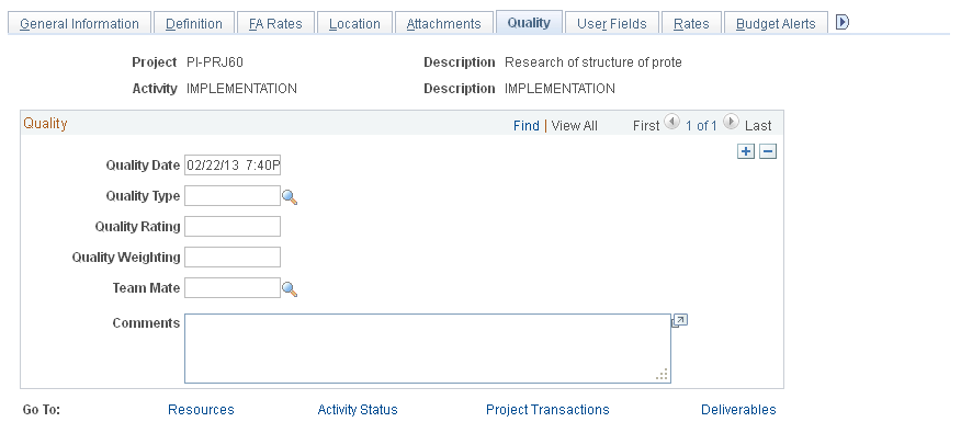 Project Activity - Quality page