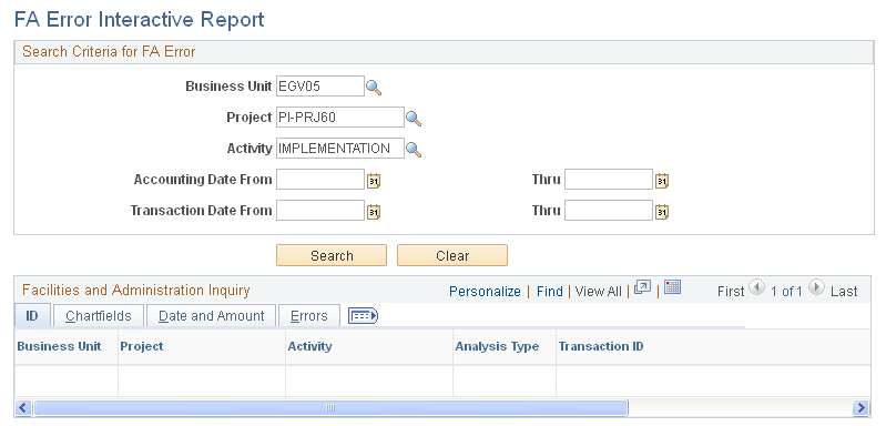 FA Error Interactive Report page