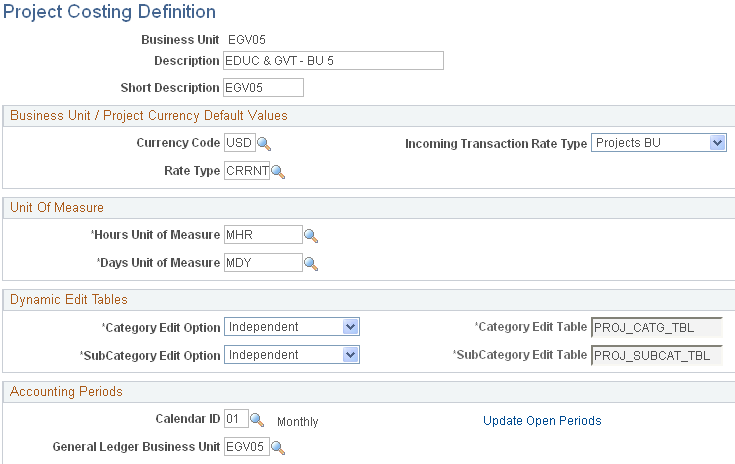 Project Costing Definition page