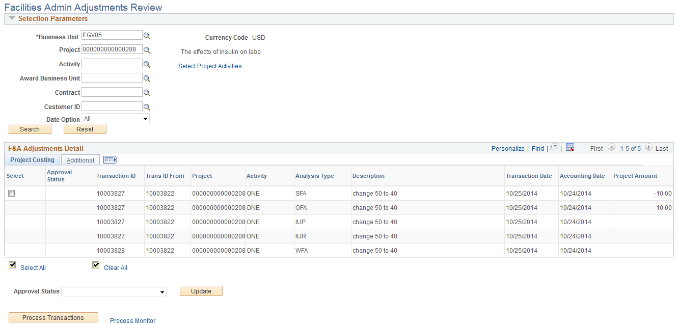 Facilities Admin Adjustments Review Page