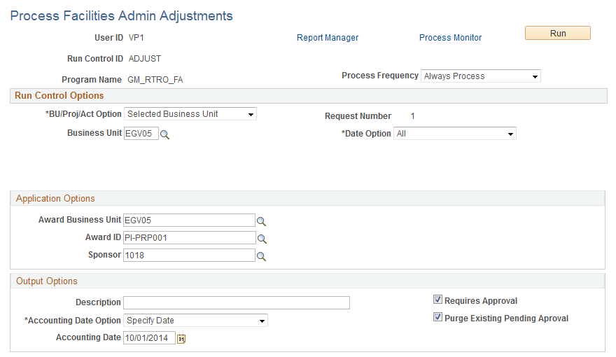 Process Facilities Admin Adjustments Page