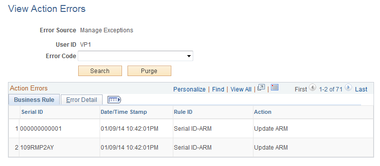 View Action Errors - Business Rule page