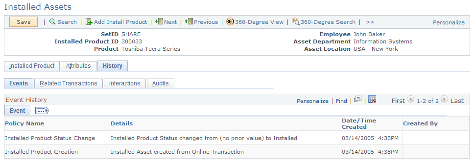 Installed Assets - History Page (CRM)