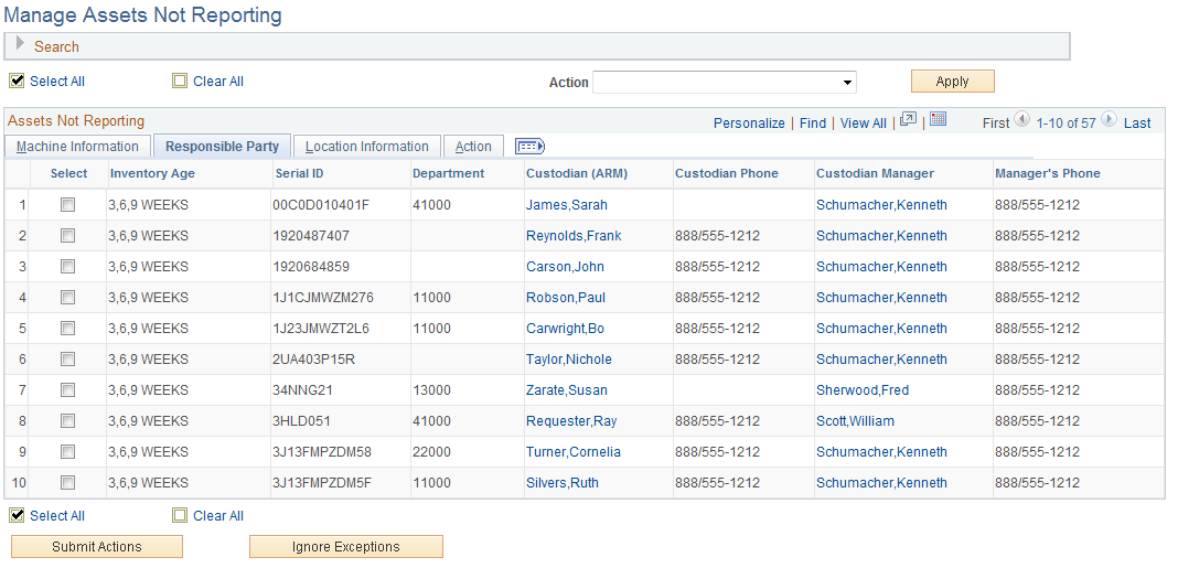 Manage Assets Not Reporting page: Responsible Parties tab