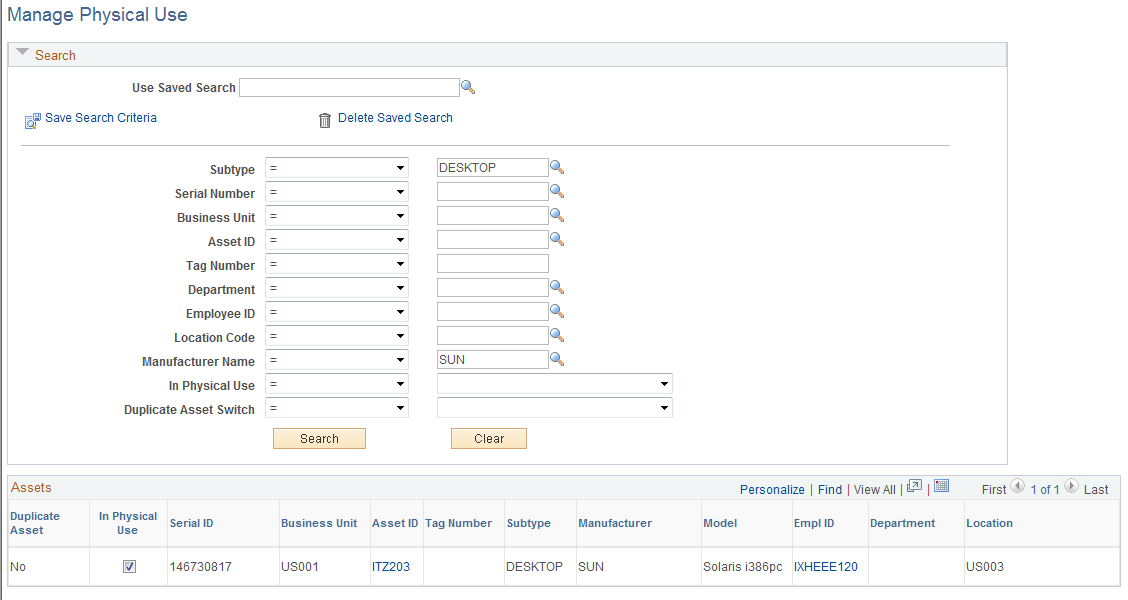 Manage Physical Use page