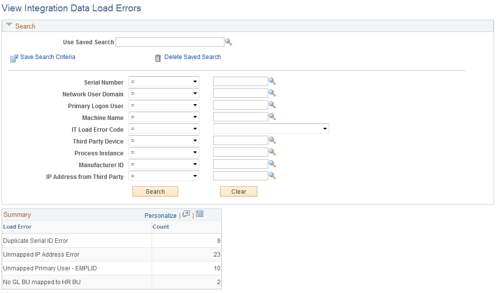 View Integration Data Load Errors page