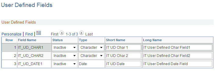 User Defined Fields page