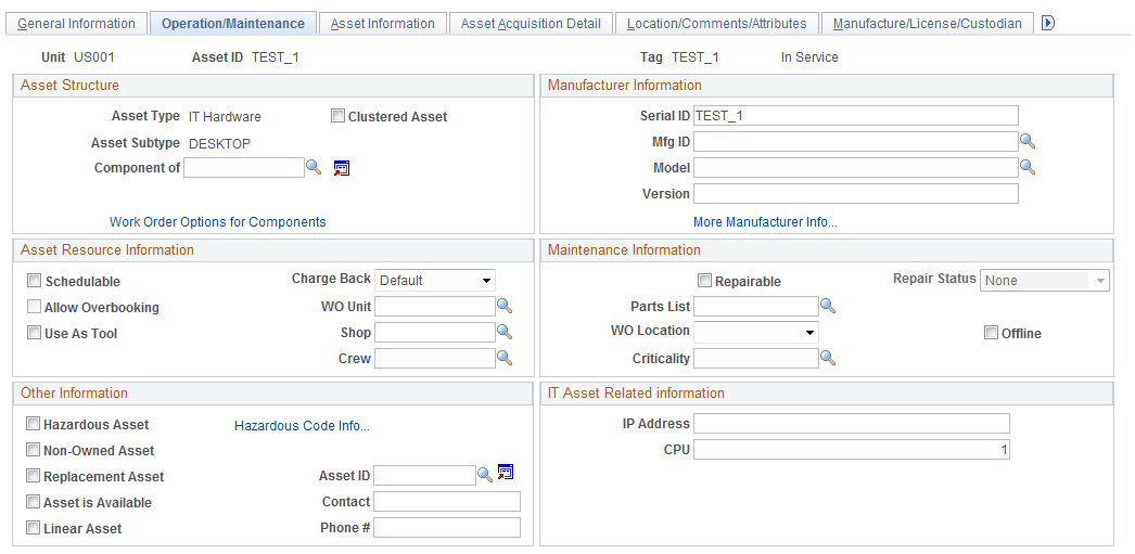 Asset Management-Operations Maintenance Page