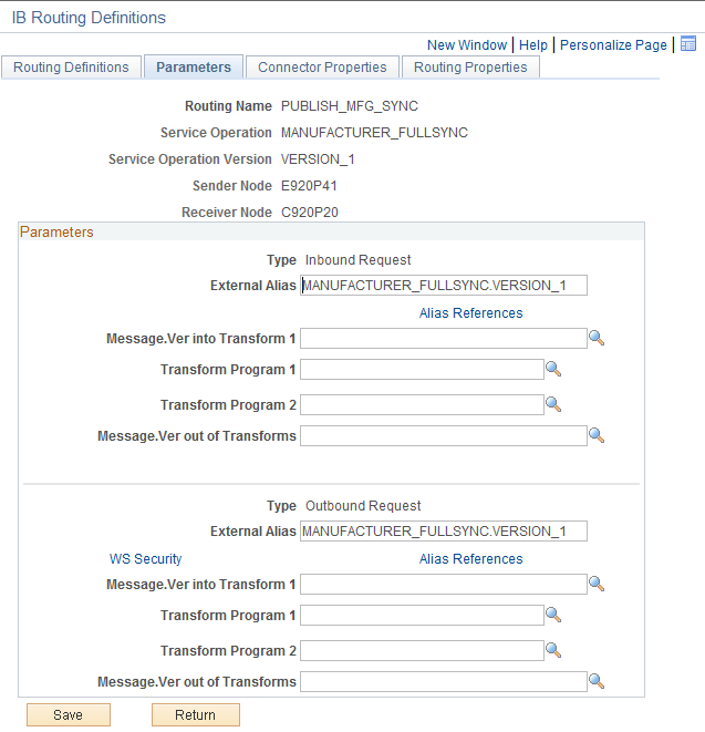 Parameters Page - External Alias(PUBLISH_MFG_SYNC)