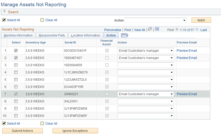 Manage Assets Not Reporting page: Action tab