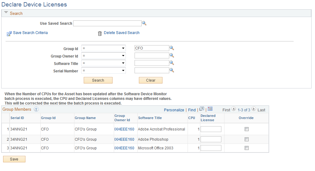 Declare Device Licenses page