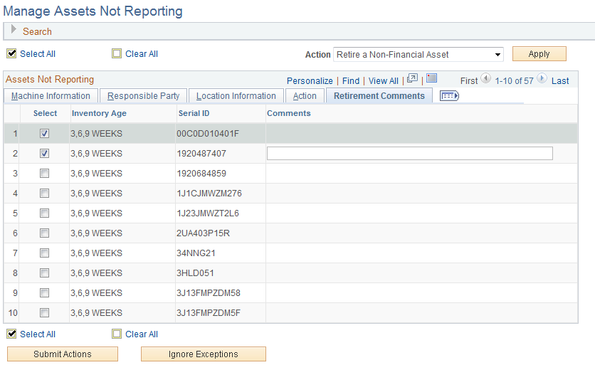 Manage Assets Not Reporting page: Retirement Comments tab