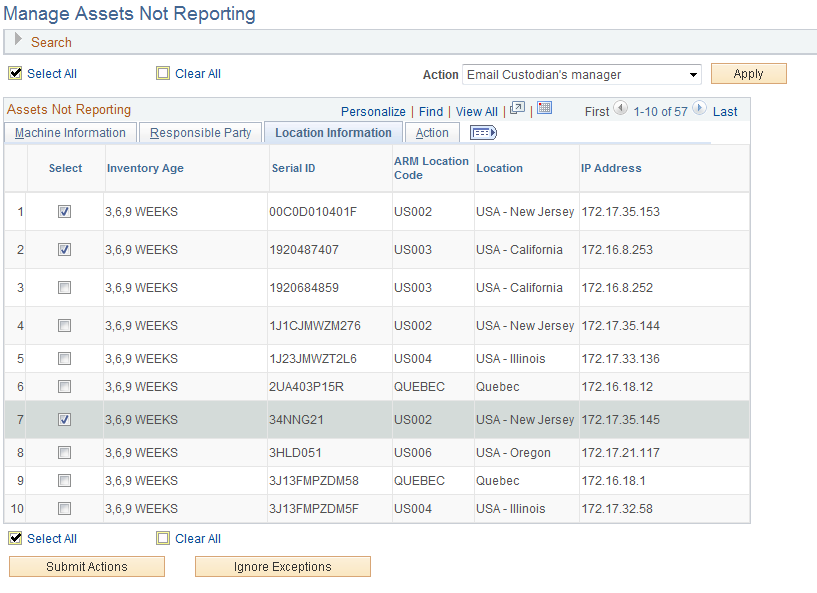 Manage Assets Not Reporting page: Location Information tab