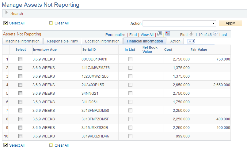 Manage Assets Not Reporting page - Financial Information tab 1 of 2