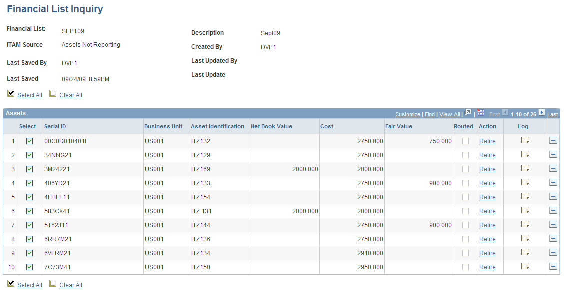 Financial List Inquiry page (1 of 2)