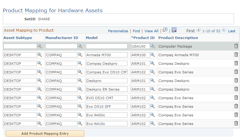 Product Mapping for Hardware Assets page