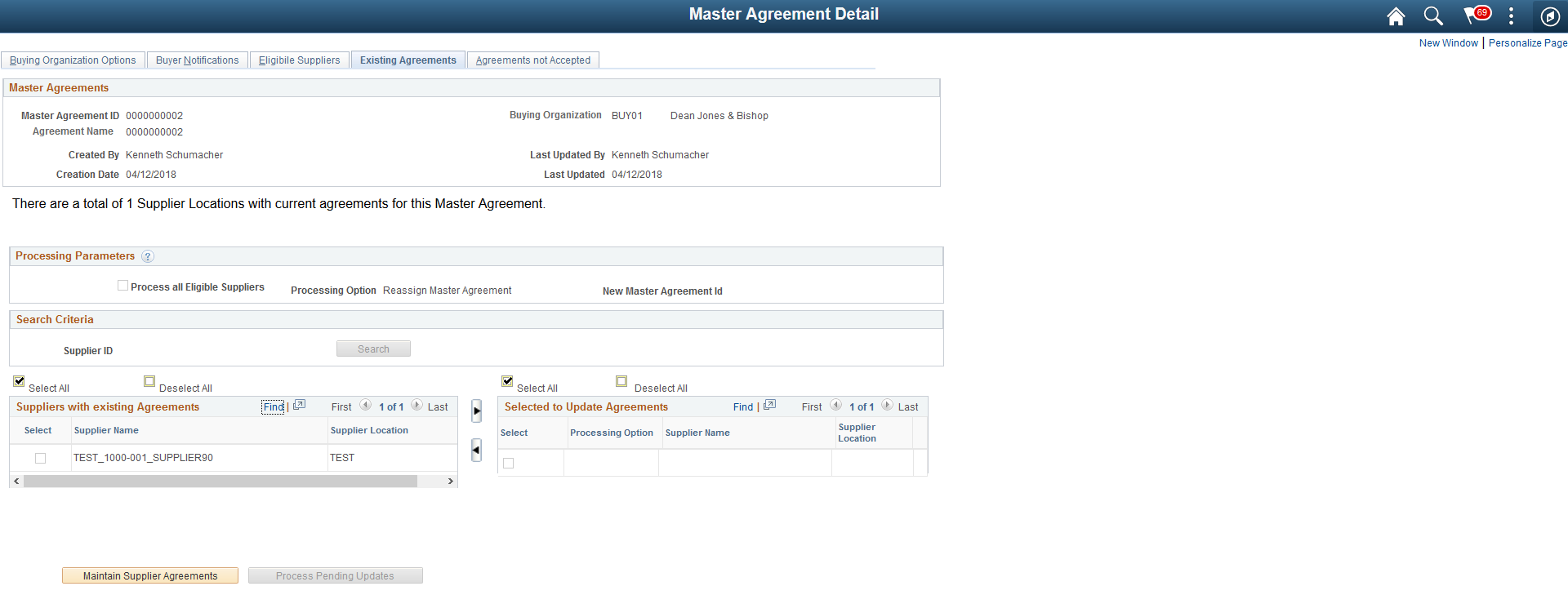 Master Agreements Detail - Existing Agreements Page