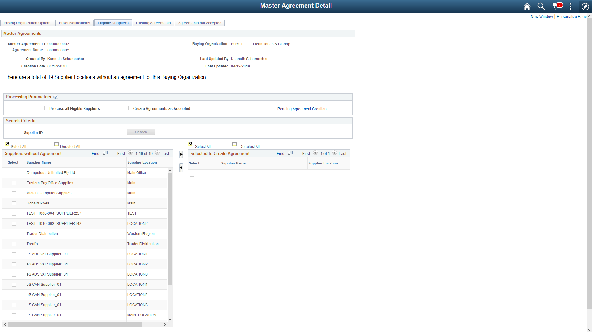 Master Agreements Detail - Eligible Suppliers page