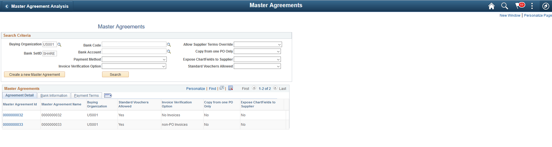 Master Agreements page