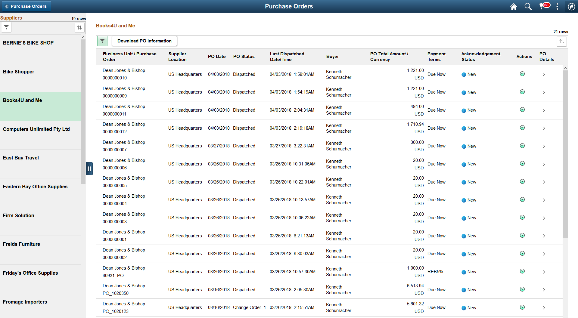 Purchase Orders page