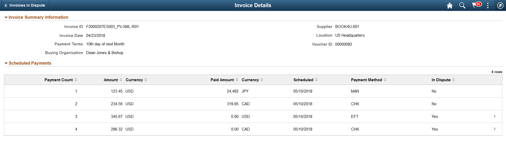 Dispute Invoice Details page