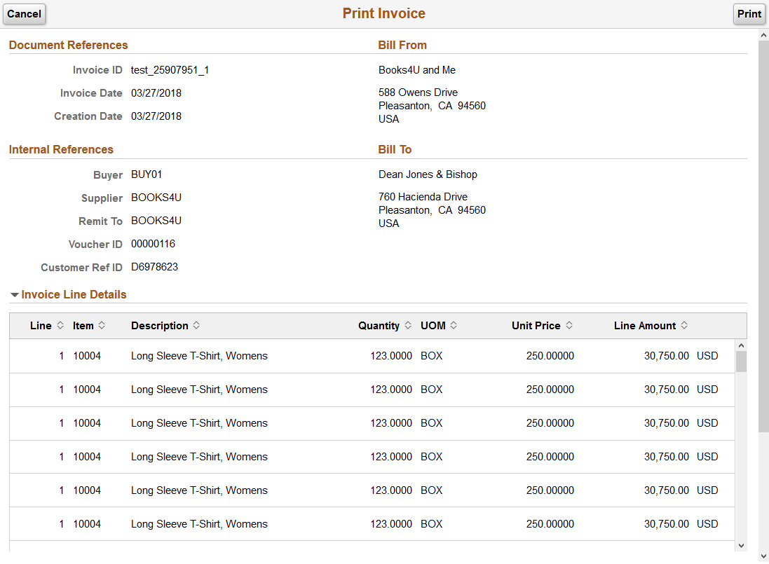 Print Invoice page