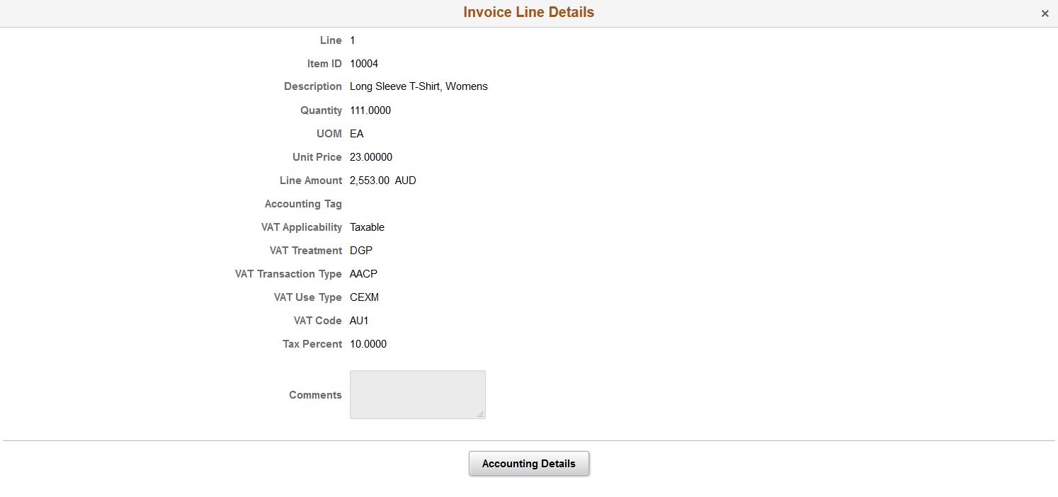 Invoice Line Details page as displayed on a smartphone