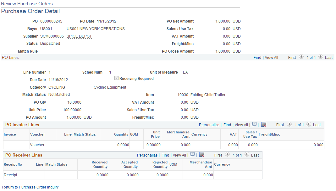 Review Purchase Orders - Purchase Order Detail page