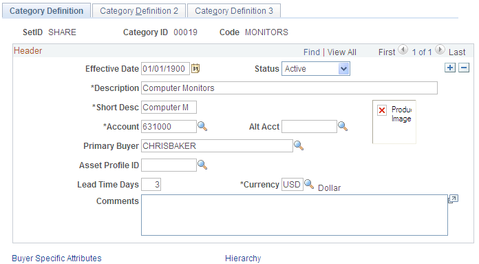 Item Categories - Category Definition page