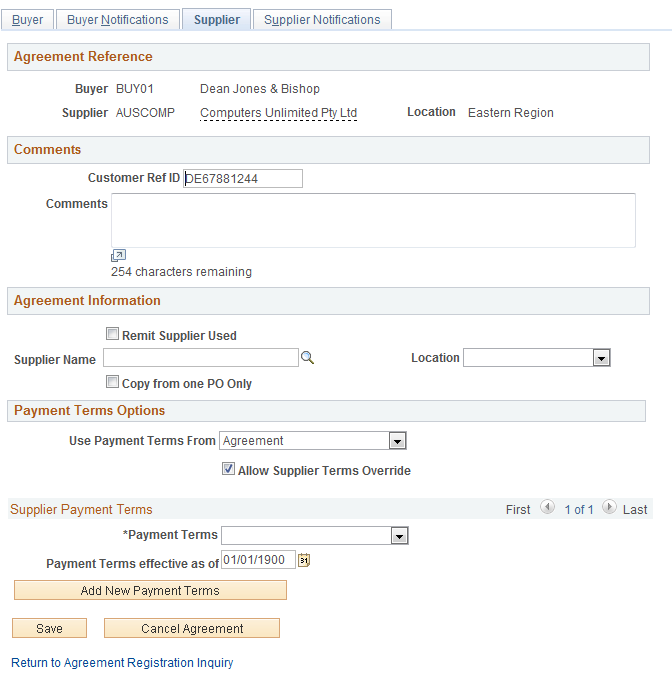 Review Agreement Details - Supplier page