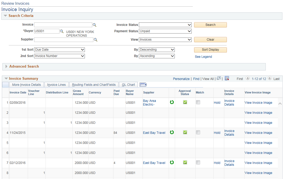 Review Invoices - Invoice Inquiry page