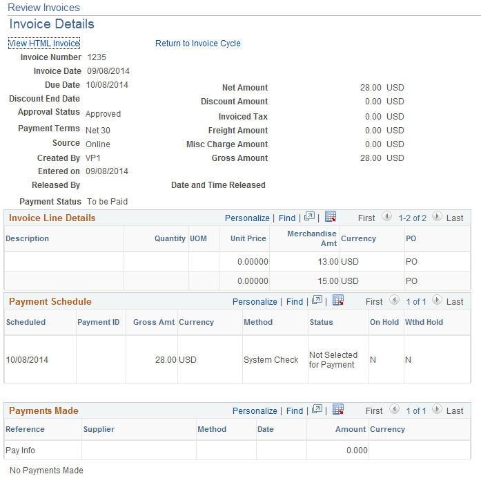 Review Invoices - Invoice Details page