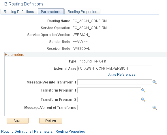 Service Operations page - IB Routing Definitions - Parameters tab