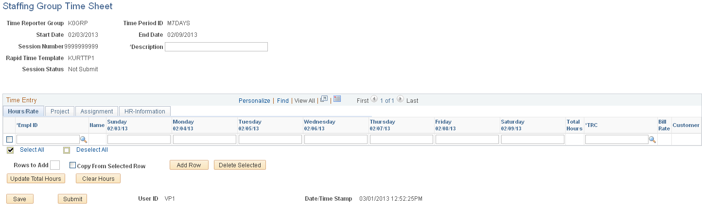 Staffing Group Time Sheet page