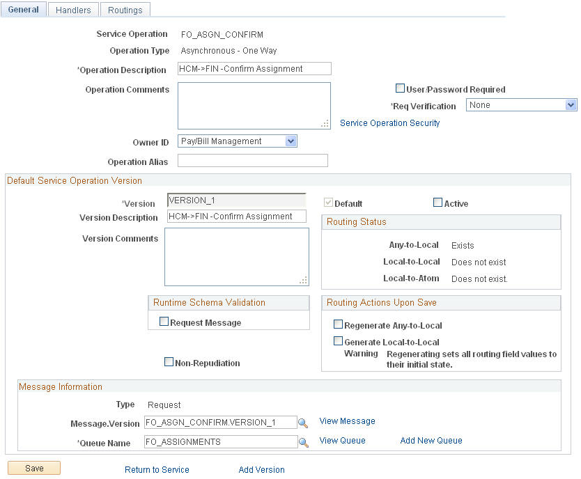 Service Operations page - General tab