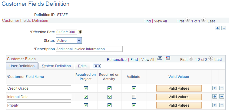 Customer Fields Definition page