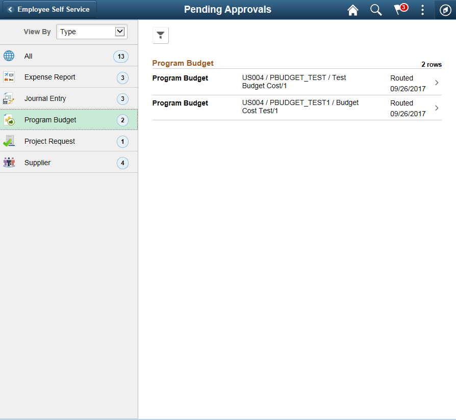 Program Budget Pending Approvals page