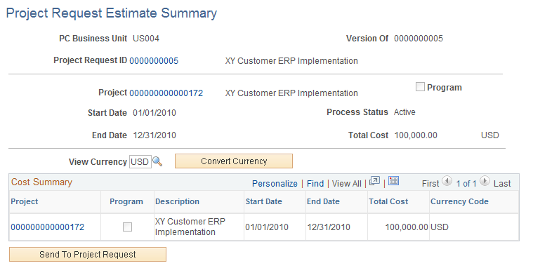 Project Request Estimate Summary page