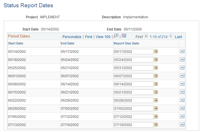 Status Report Dates page