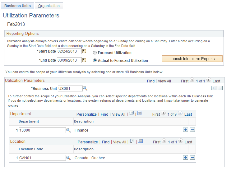 Utilization Parameters - Business Units page