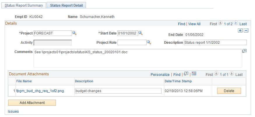 Status Report Detail page