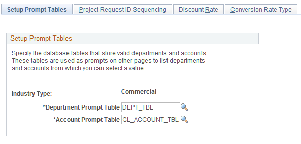 Setup Prompt Tables page