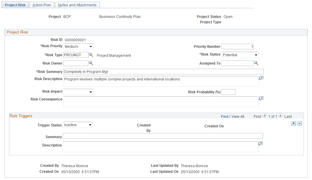 Project Risk page